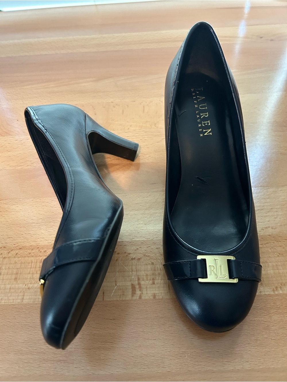 Lauren Ralph Lauren Navy Leather Mid-Heel Pumps with Gold RL Accent